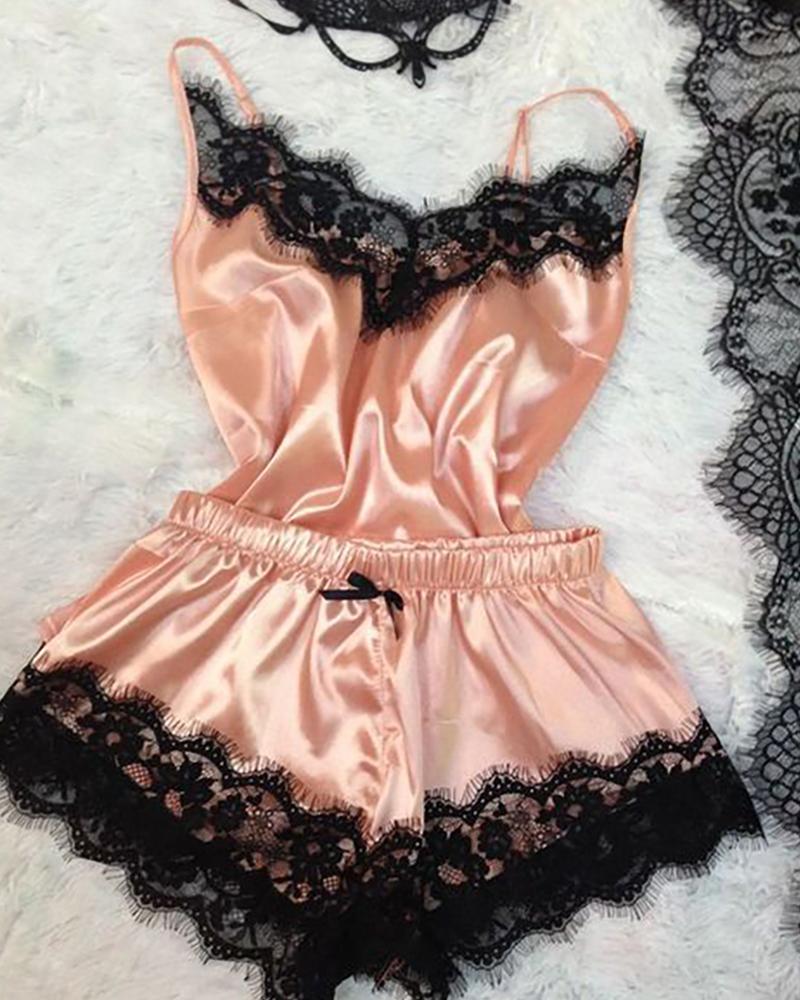 

Satin Eyelash Crochet Lace Bowknot Decor Cami Set, Pink