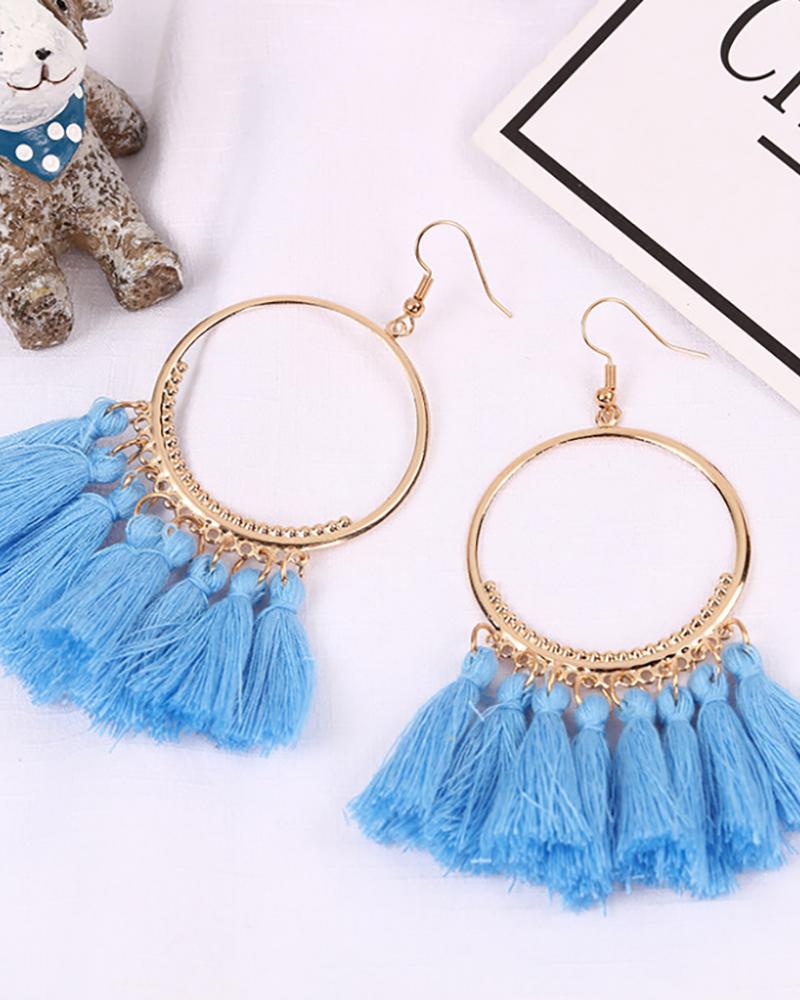 

1Pairs Tassel Design Round Charm Drop Earrings, Blue