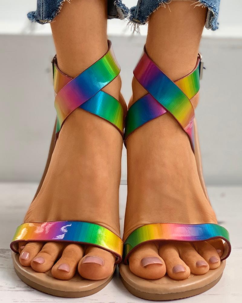 

Open Toe Colorblock Laser Straps Flat Sandals, Multicolor
