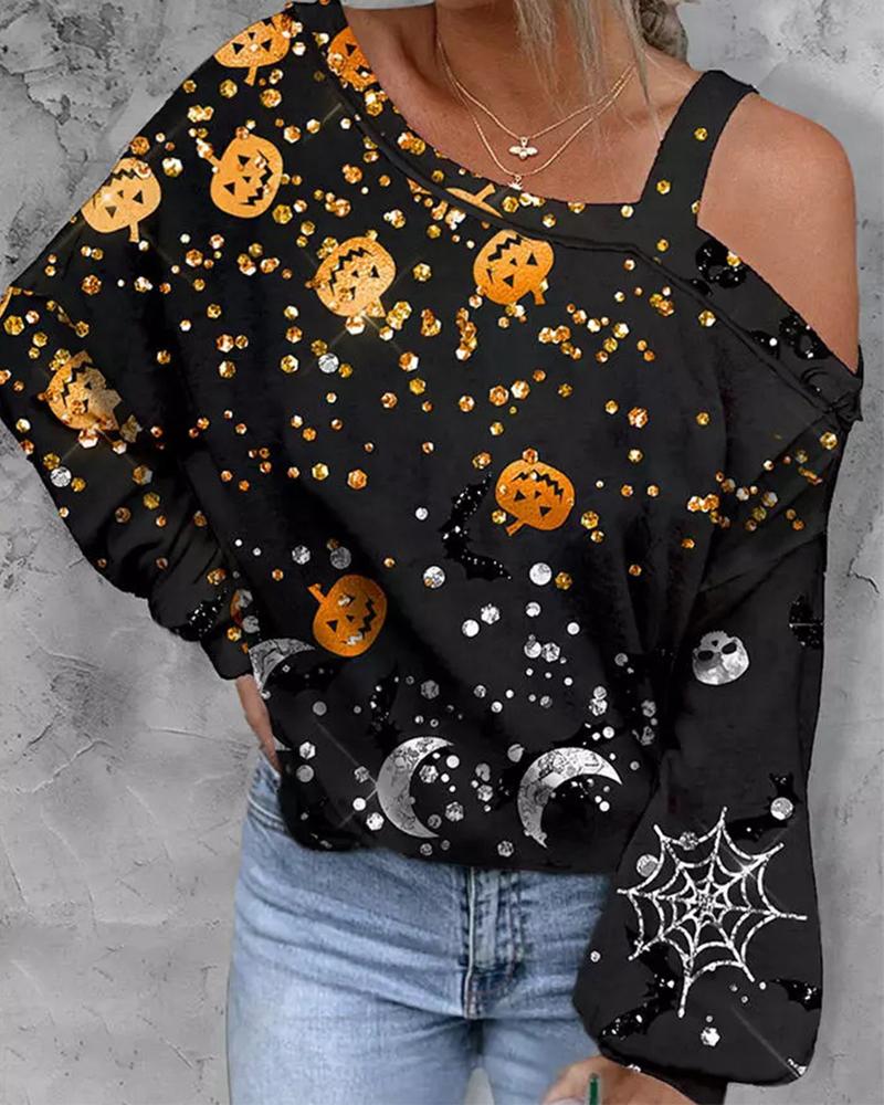 

Halloween Pumpkin Bat Spider Web Print Cold Shoulder Top, Black