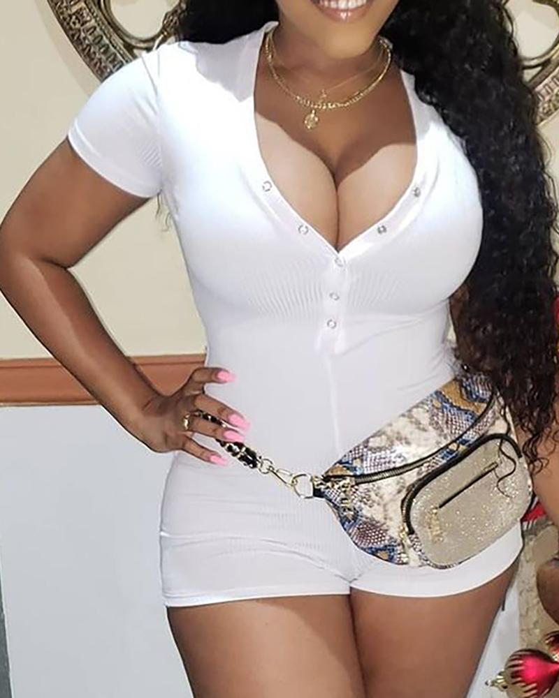 

Ribbed Button Front Short Sleeve Romper, White