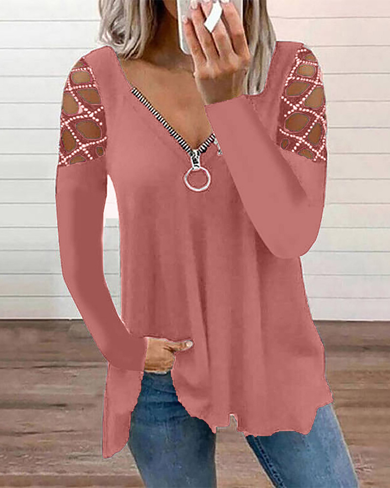 

Studded Hollow-Out Zipper Front Long Sleeve Top, Pink