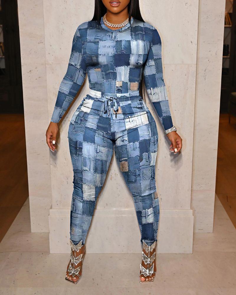 

Denim Look Print Long Sleeve Top & Pants Set, Blue