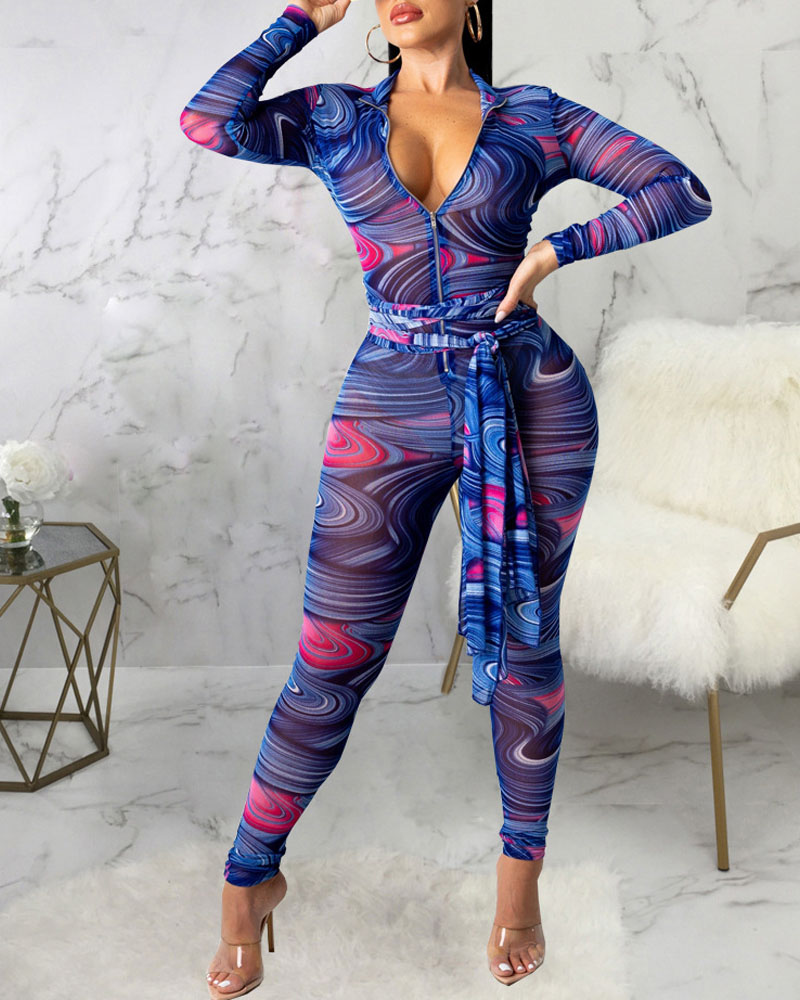 

Abstract Print Long Sleeve Zipper Front Belted Skinny Jumpsuit, Blue