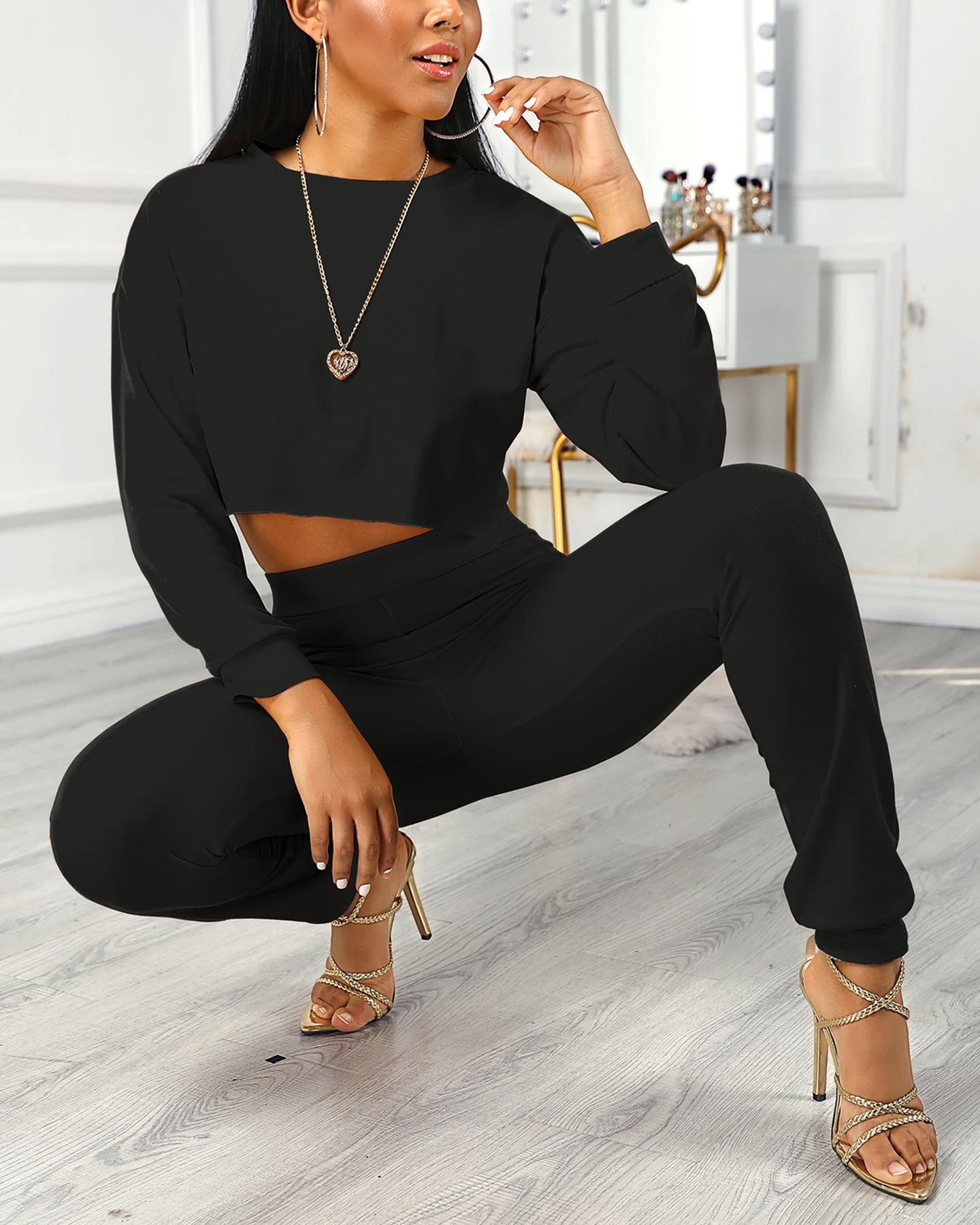 

Frill Hem Crop Women Top & Pocket Design Pants Sets, Black