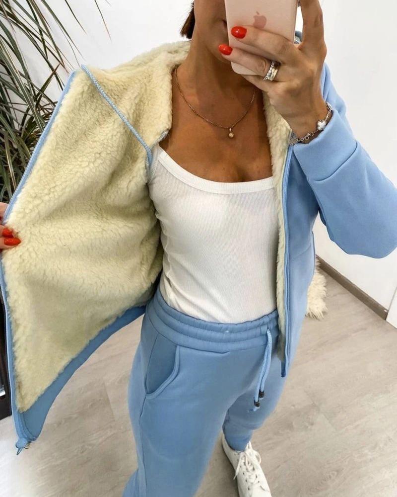 

Lined Zipper Design Hoodie & Drawstring Pants Set, Blue