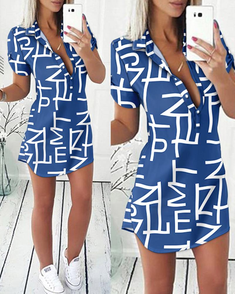 

Letter Print Button Front Shirt Dress, Blue