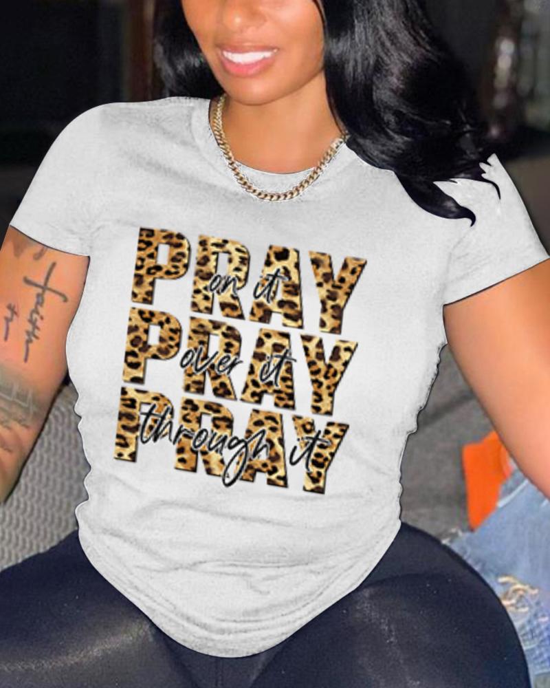 

Leopard Letter Print Short Sleeve Casual T-shirt, White