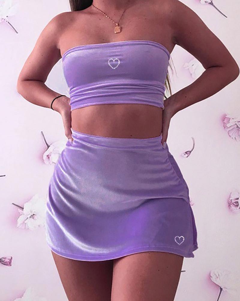 

Heart Print Off Shoulder Crop Top & Skirt Set, Purple