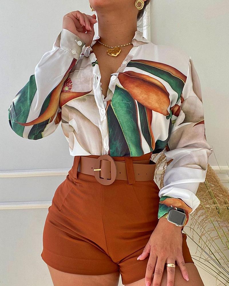 

Tropical Print Shirt & Plain Shorts Set, Brown