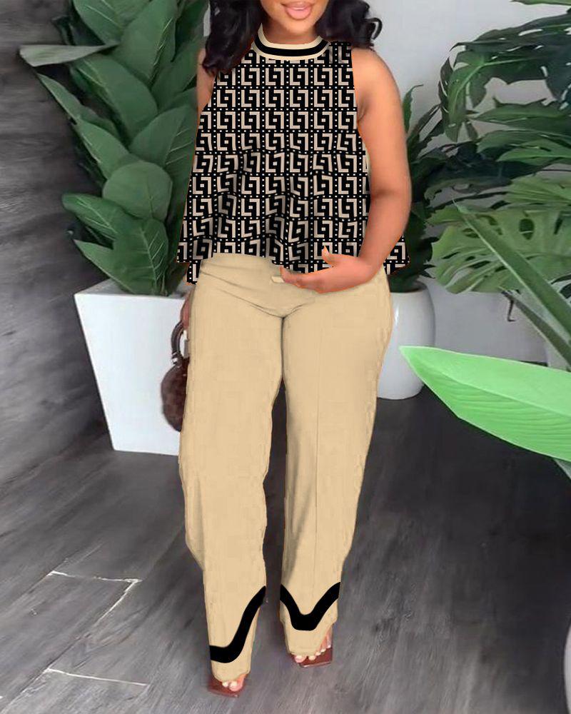 

Plus Size Geometric Print Tank Top & Straight Leg Pants Set, Apricot