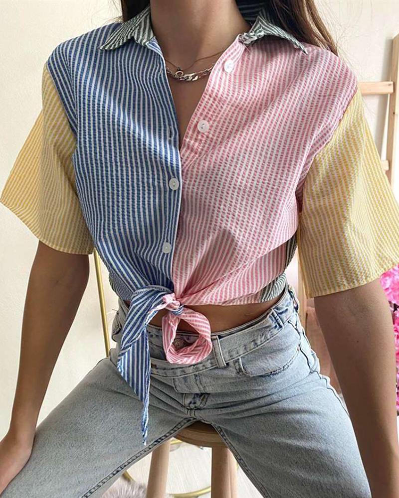 

Colorblock Tied Detail Button Front Shirt, Multicolor