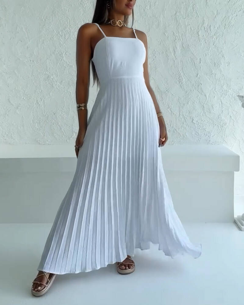 

Square Neck Spaghetti Strap Pleated Maxi Dress Back Tied Detail Casual Flowy Long Dress, White