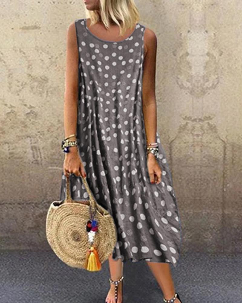 

Boho Style Polka Dot Sleeveless Loose Maxi Dress, Gray