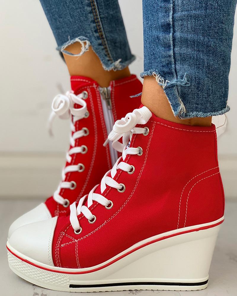 

Eyelet Lace-Up Platform Wedge Sneakers, Red