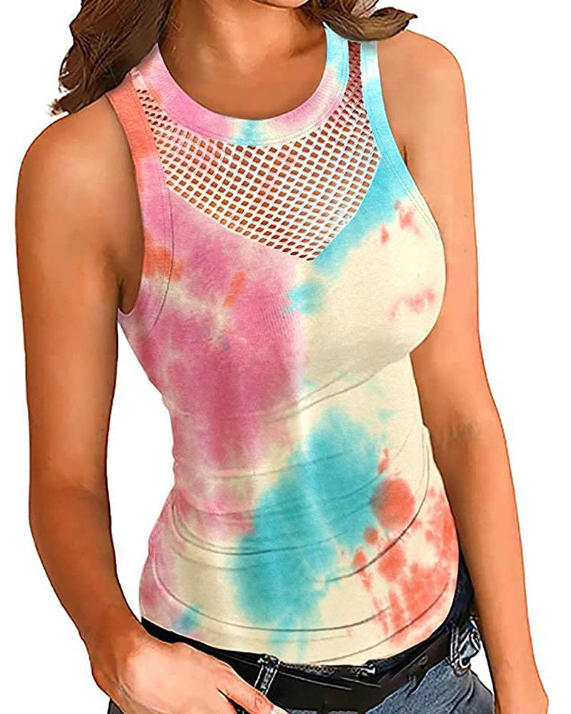 

Round Neck Tie Dye Print Hollow Out Sleeveless TTank, Style3