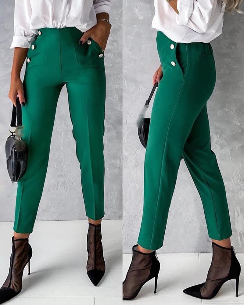 

Buttoned Pocket Design High Waist Pants, Green