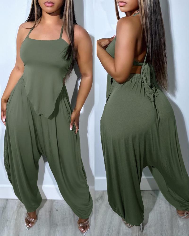 

Backless Hanky Hem Cami Top & Harem Pants Set, Green