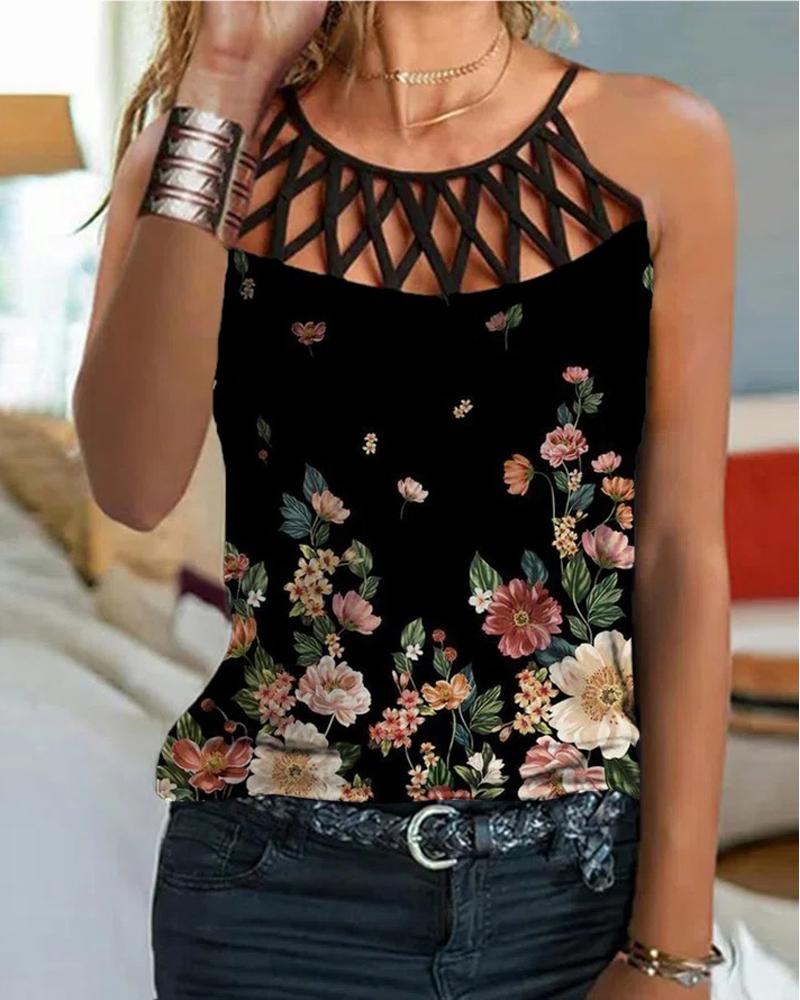 

Floral Print Hollow Out Tank Top, Black