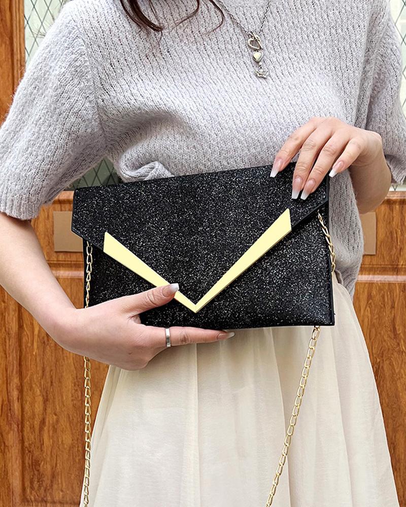 

Contrast Sequin Metal Edge Flap Clutch Bag With Chain Strap, Black