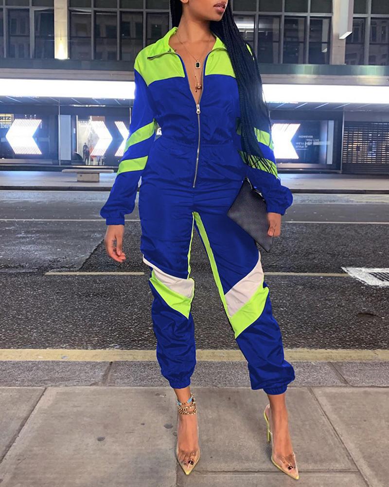 

Colorblock Zipper Striped Jumpsuit, Blue