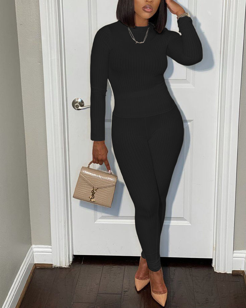 

Long Sleeve Ribbed Top & Skinny Pants Set, Black
