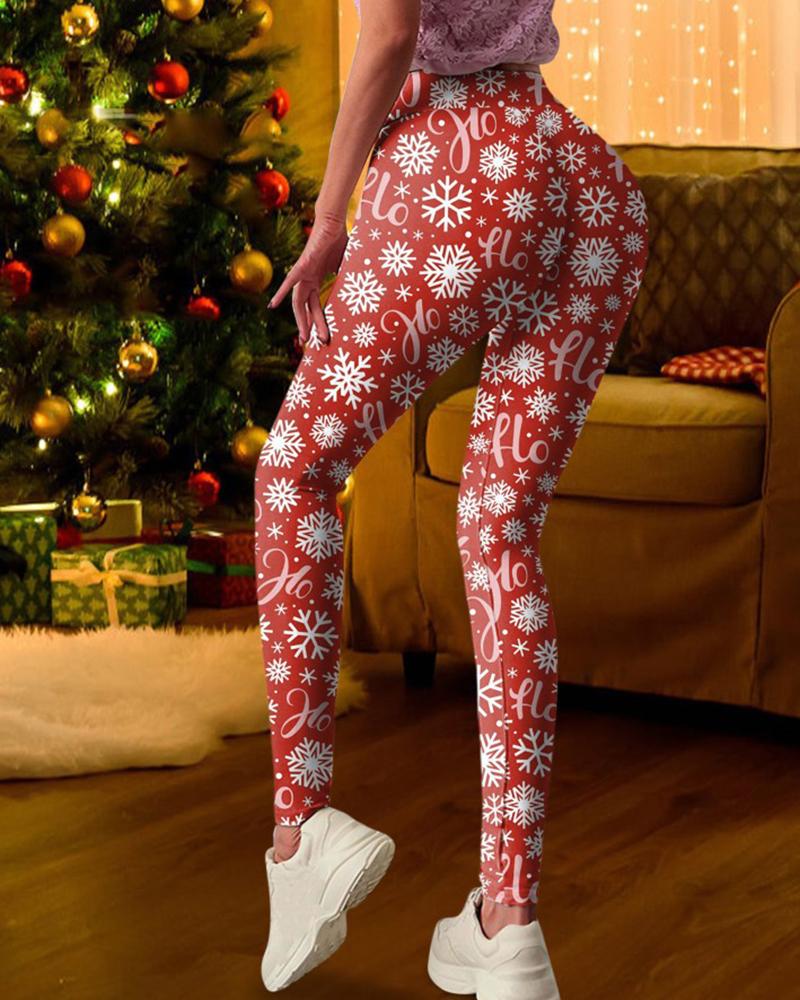 

Christmas Snowflake / Letter / Hat / Snowman Print High Waist Leggings, Red