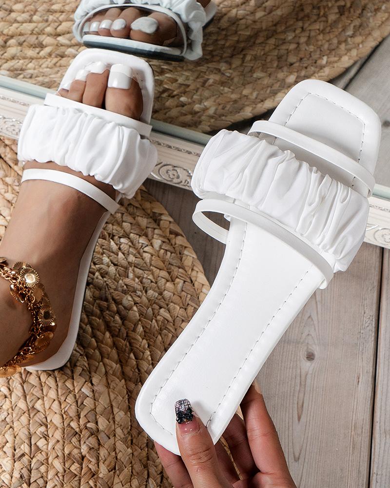 

Ruched Double Strap Square Toe Slippers, White