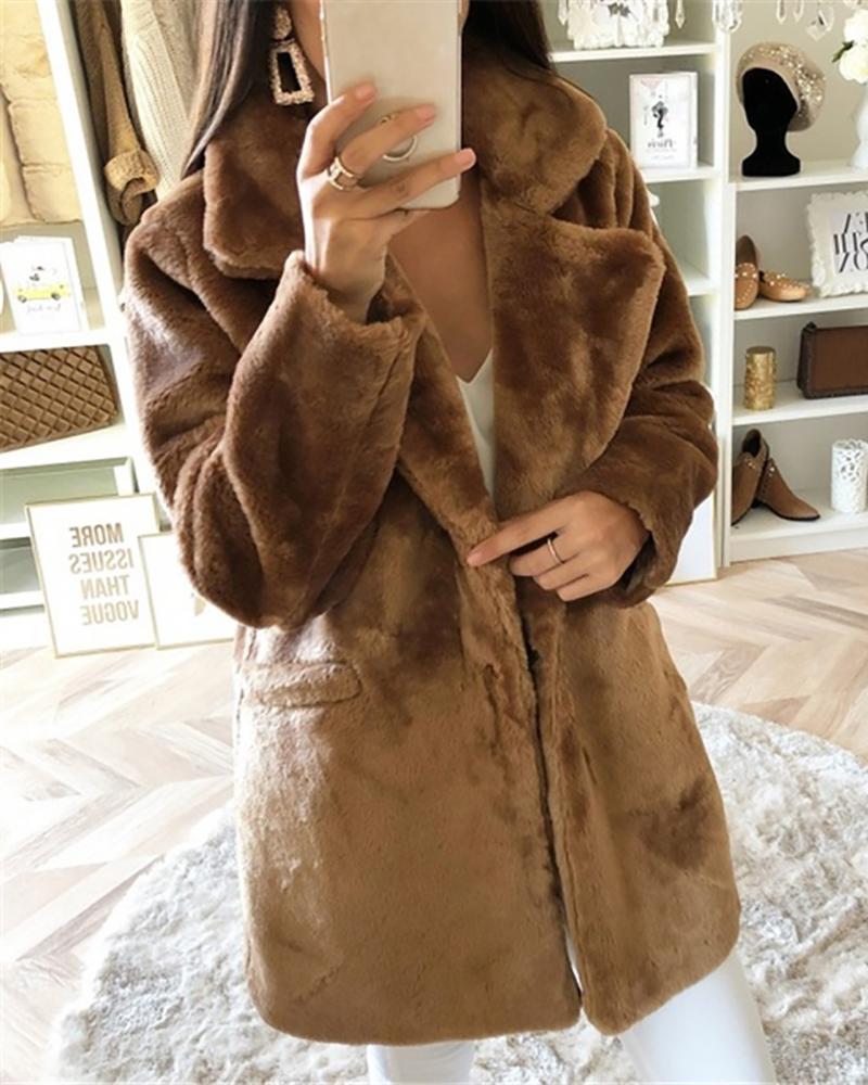 

Long Sleeve Pocket Design Faux Fur Coat, Brown