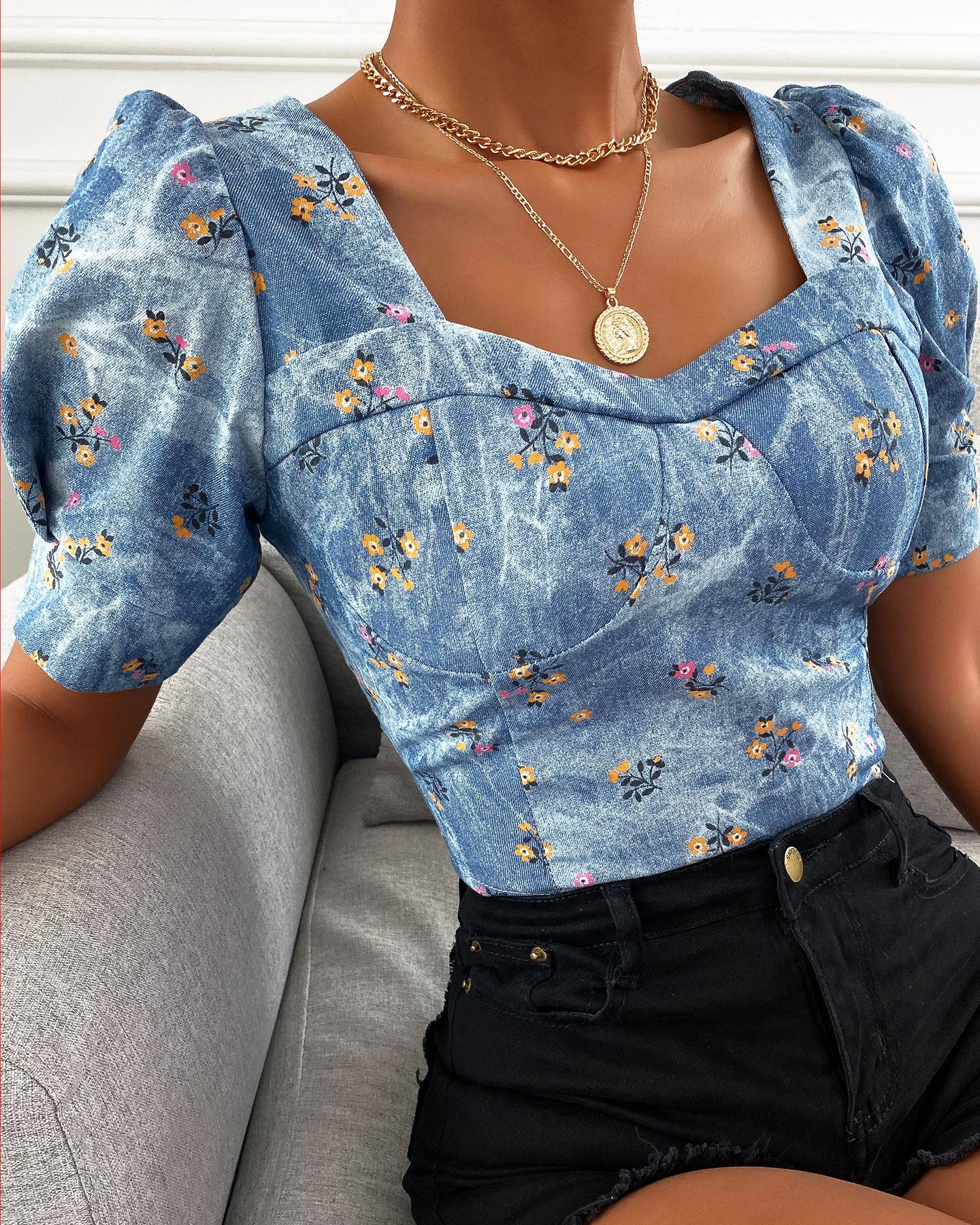 

Floral Print Puff Sleeve Shirred Denim Top, Blue