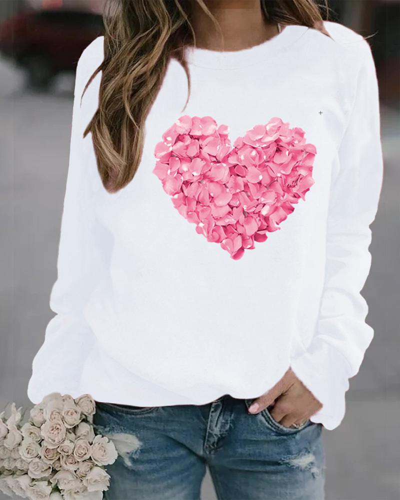 

Valentine's Day Floral Heart Print Long Sleeve Top, White