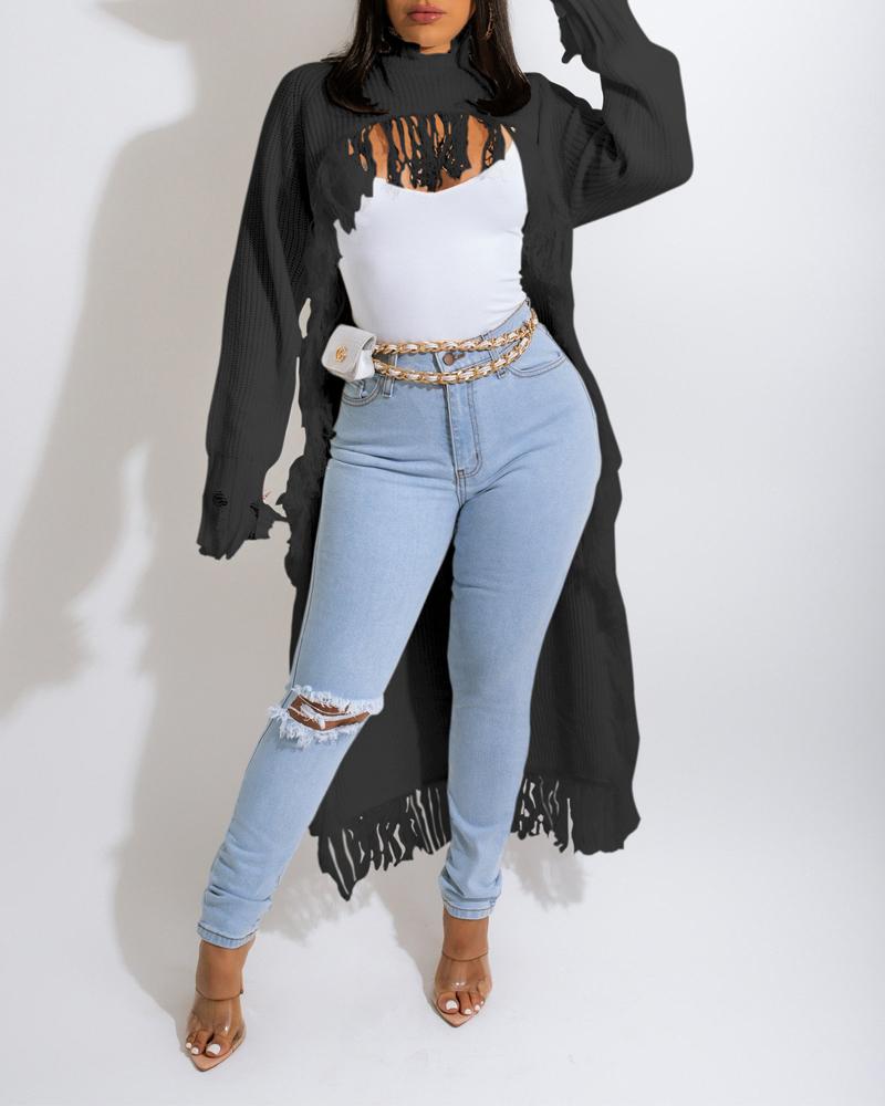 

Asymmetrical Distressed Fringe Trim Longline Sweater, Black