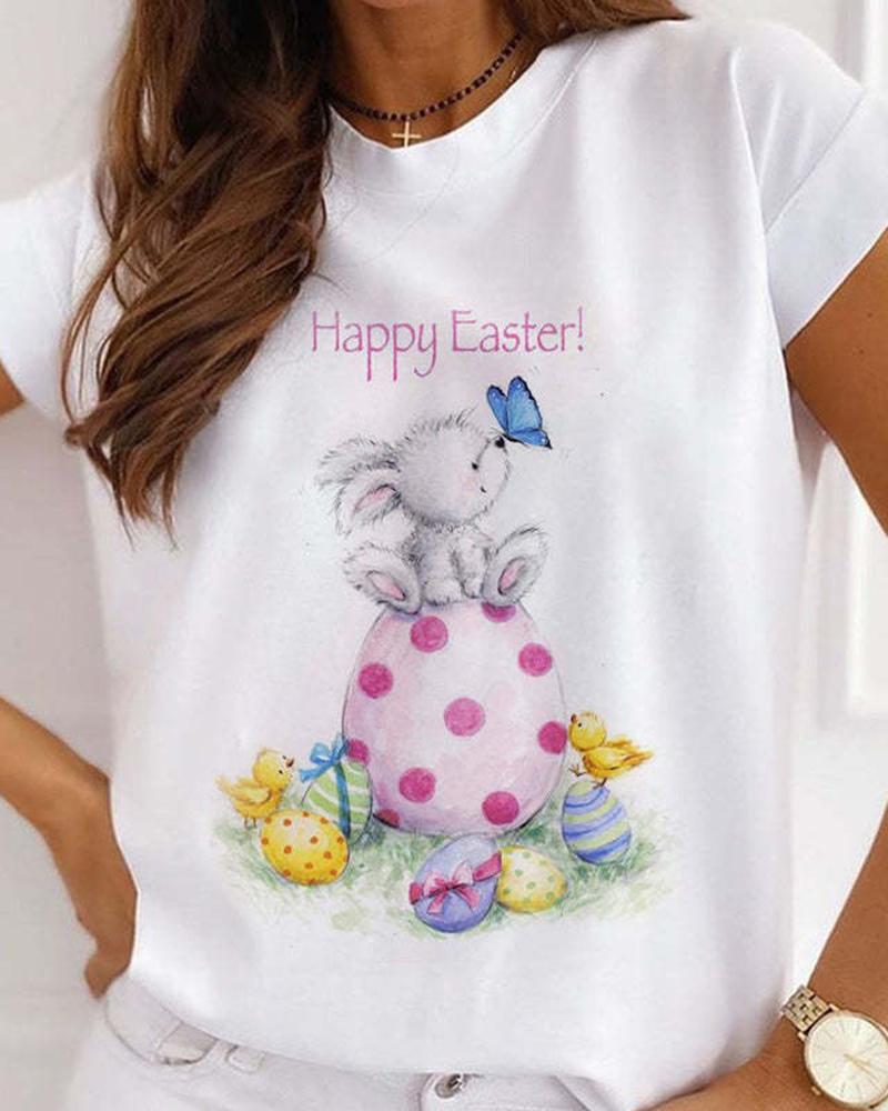 

Happy Easter Bunny Polka Dot Egg Butterfly Print Casual T-shirt, White