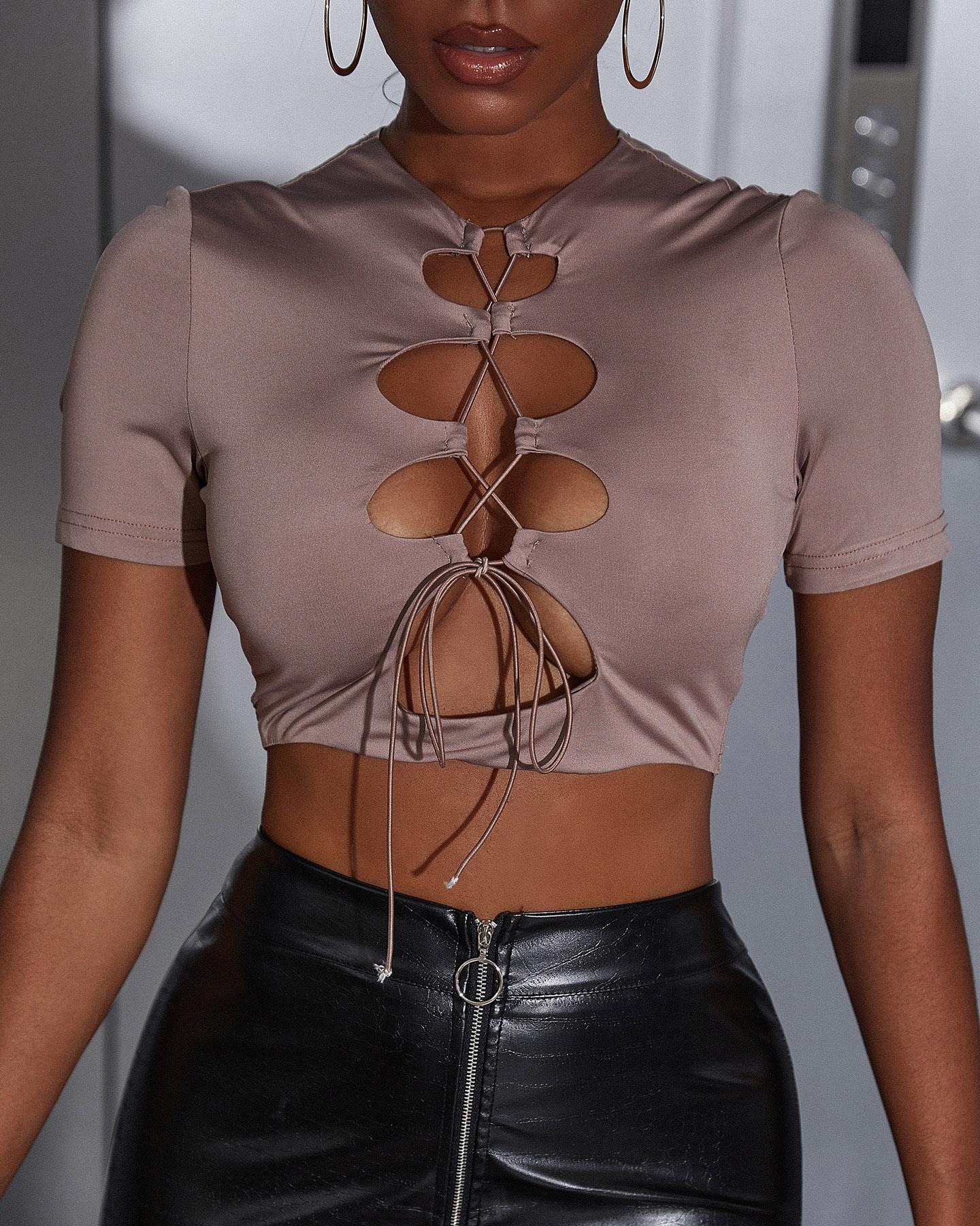 

Cutout Lace-Up Front Short Sleeve Crop Top, Brown