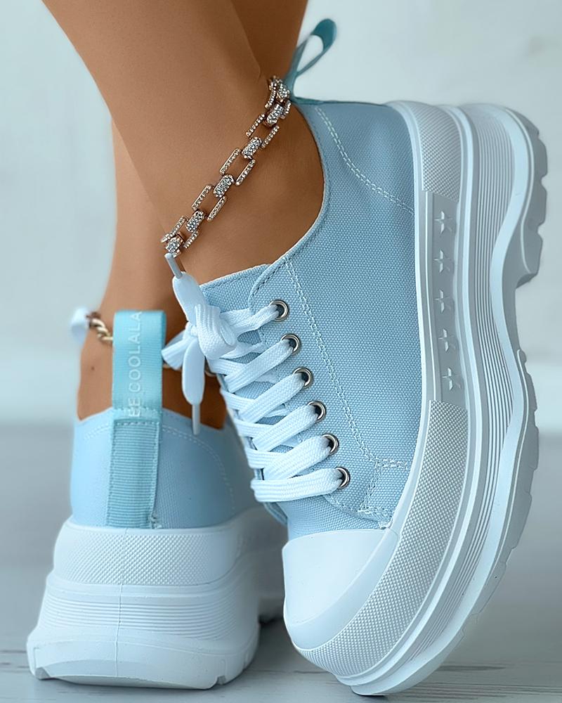 

Eyelet Lace-up Contrast Paneled Sneakers, Light blue