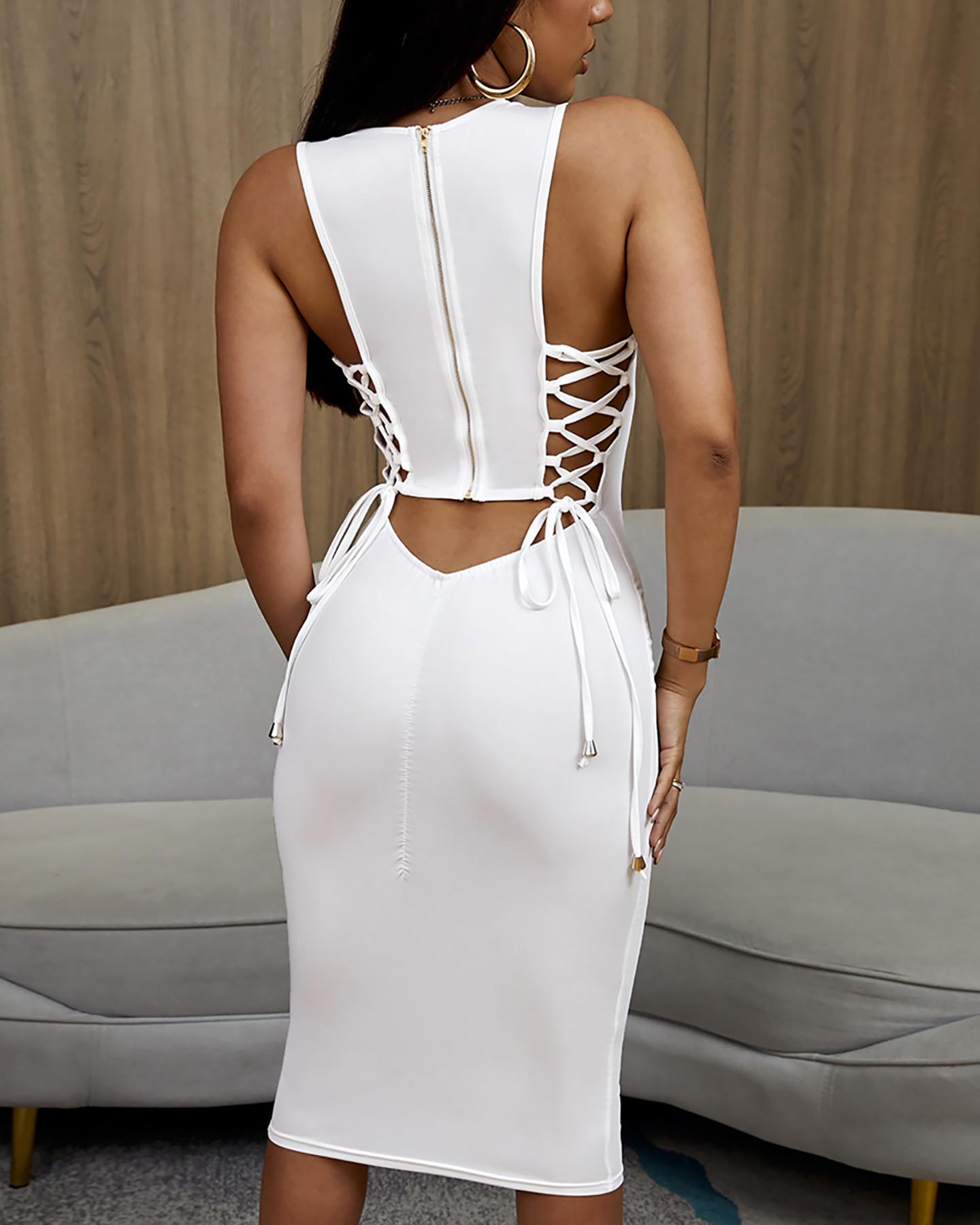 

Zipper Design Cut Out Lace-up Dress, White