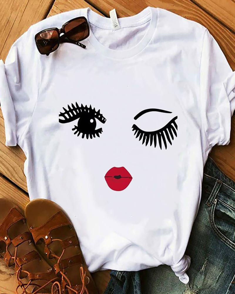 

Lip / Letter / Floral / Figure / Graphic Print Round Neck T-Shirt, Style1