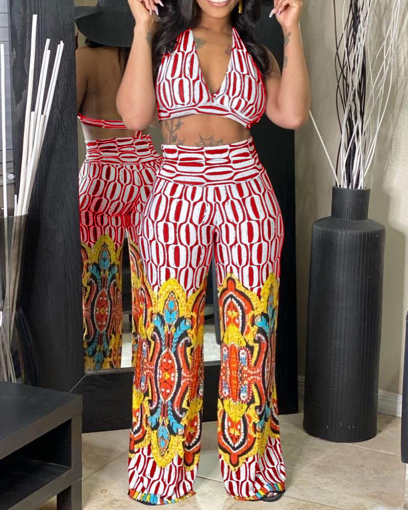 

All Over Print Halter Crop Top & Graphic Print Pants Set, Red