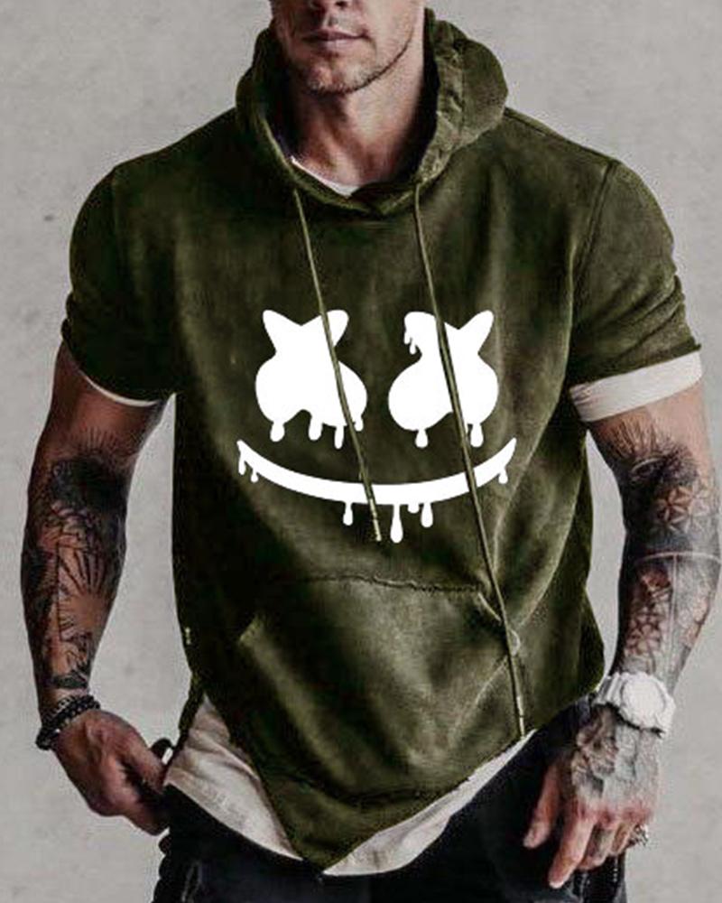 

Graphic Print Short Sleeve Loose Hooded Sweatshirts, Green