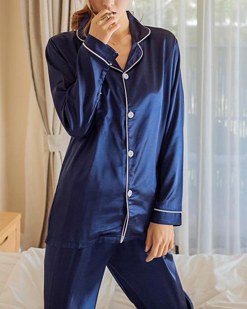 

Satin Contrast Binding Pajama Set, Blue