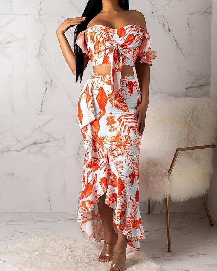 

Print Off Shoulder Knotted Top & Ruffles Skirt Set, Orange