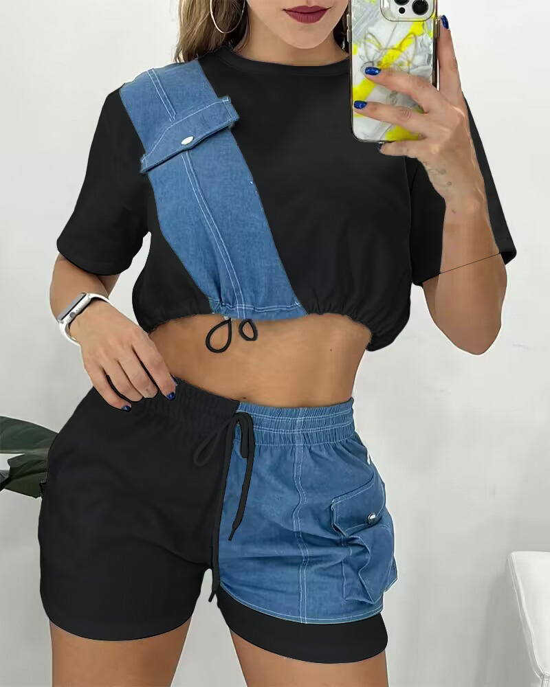 

Denim Patch Short Sleeve Top & Drawstring Shorts Set, Black
