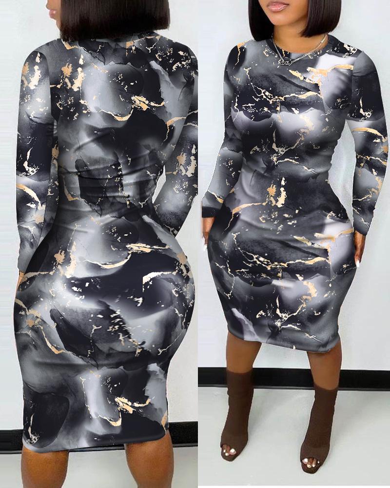 

Marble Pattern Print Long Sleeve Bodycon Dress, Black
