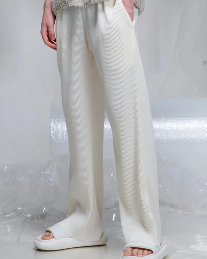 

Solid Color Ribbed Straight Baggy Pants, White