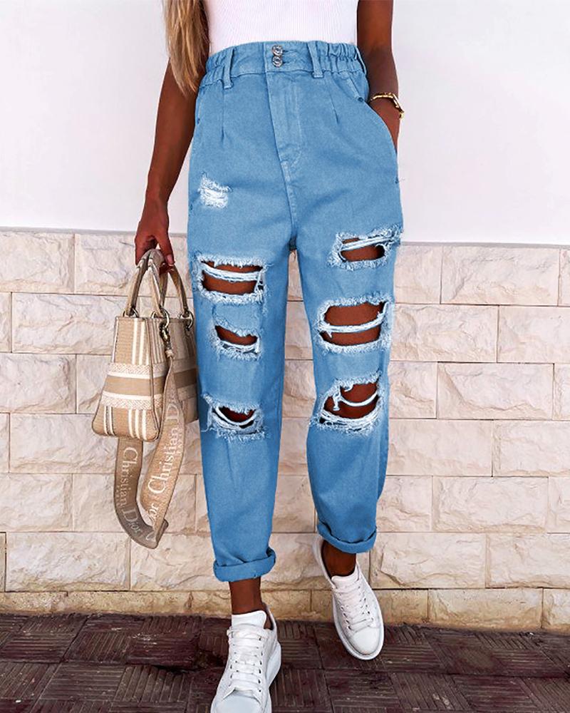 

Elastic High Waist Pocket Detail Ripped Jeans, Blue