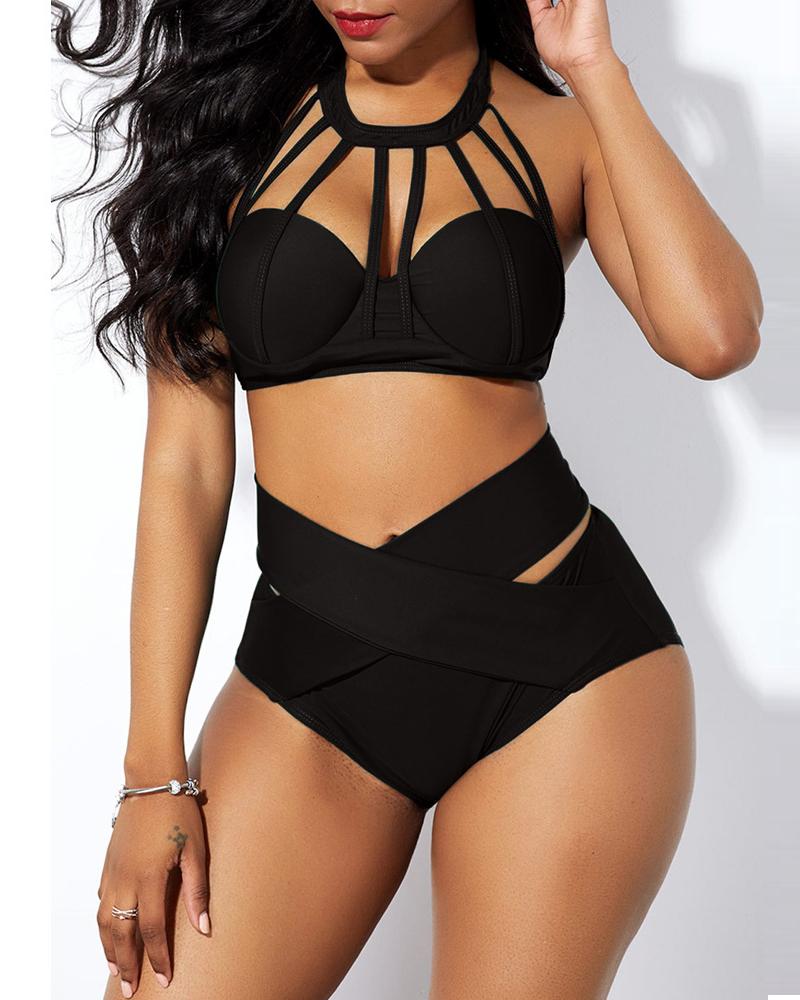 

Halter Cutout Sleeveless Bikini Set, Black