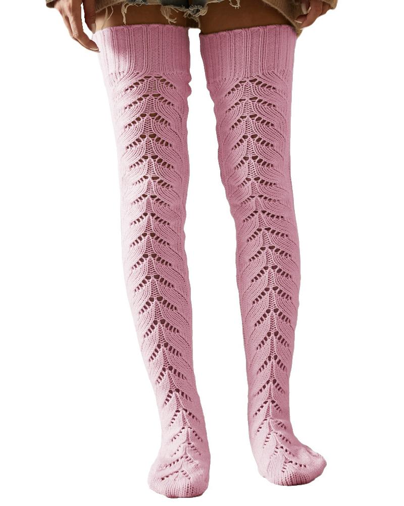 

Hollow Out Over The Knee High Long Socks, Pink