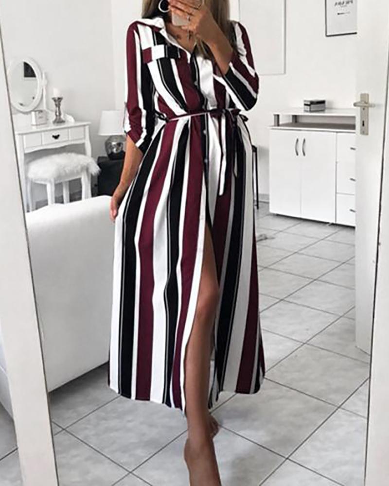 

Striped Colorblock High Slit Pocket Design Shirt Dress, Red