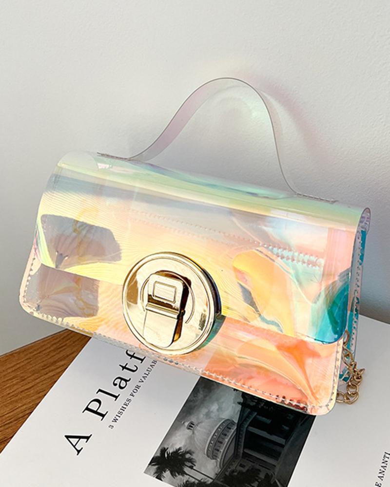 

Clear Holographic Top Handle Chain Strap Baguette Bag, Multicolor