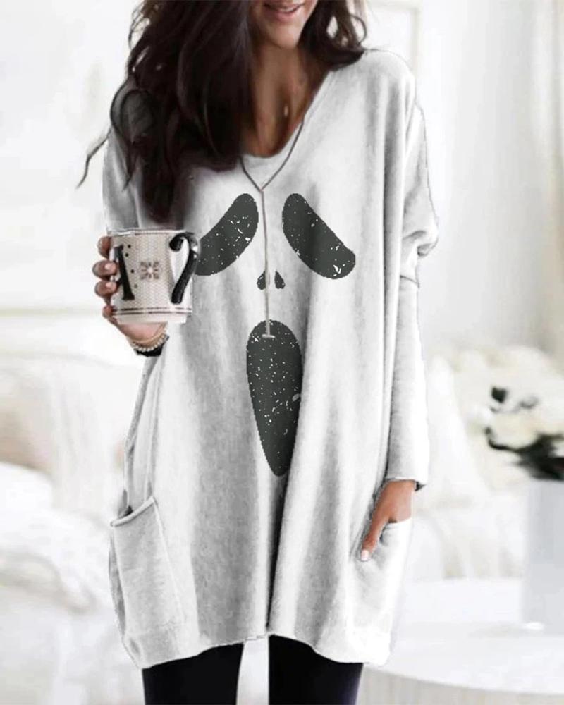 

Halloween Ghost Print Pockets Design Women Top, White